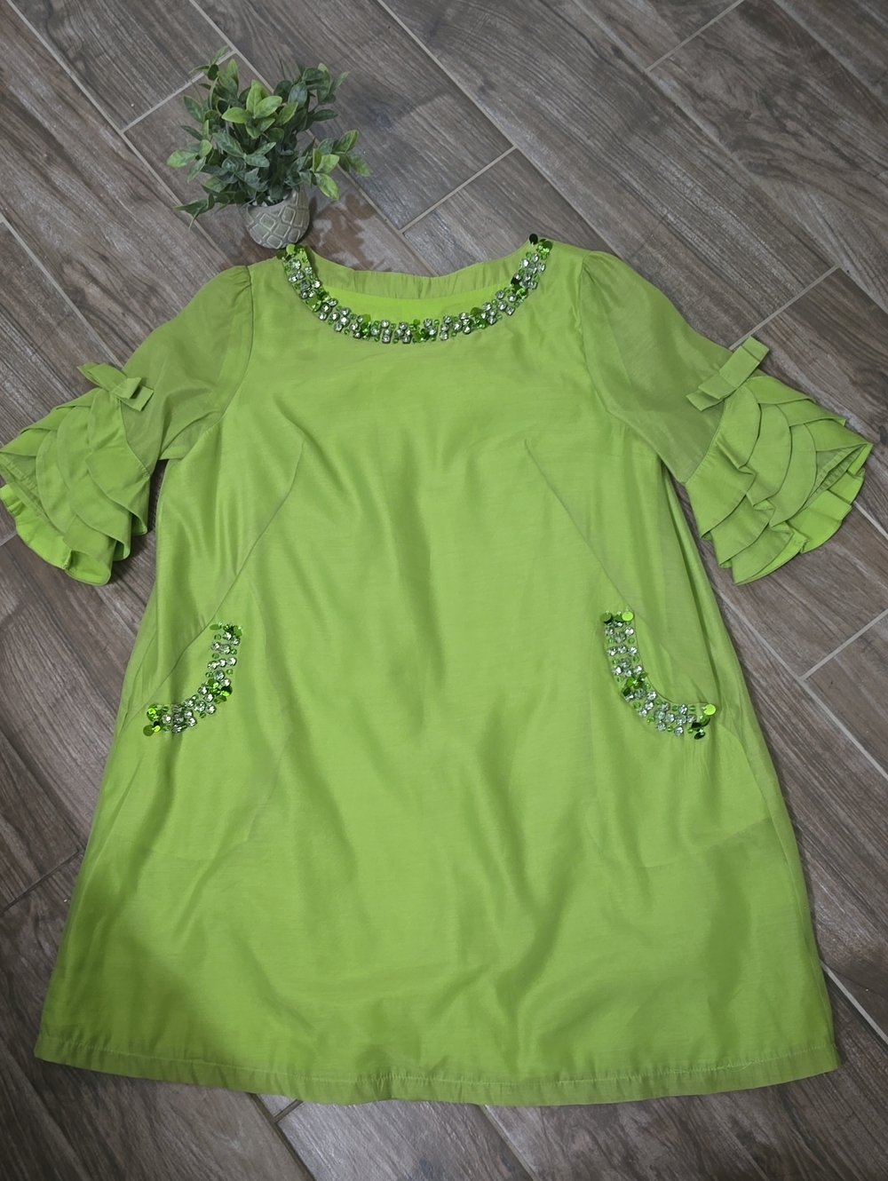 Flere Sleeve Full Lime Green Ruffle Sleeve Dress with Jewel Accents